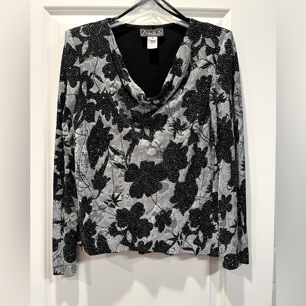 Alex Evening long sleeve black & gray blouse with sparkles throughout. Size M.
